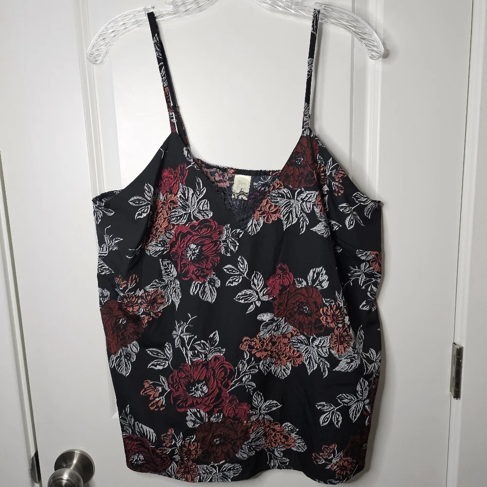 Japna Cami Lounge XL Floral Lace Trim Black Red Romantic Boho Tank Top Summer - Picture 2 of 10
